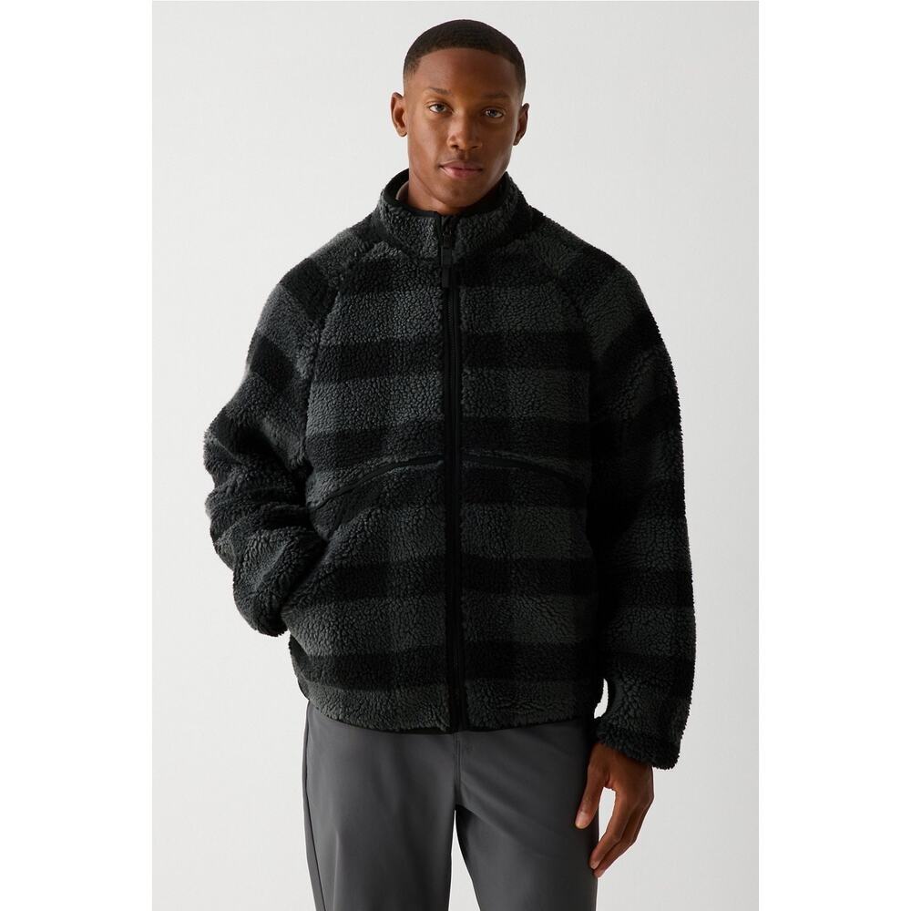 Fabletics Summit High Pile Fleece Jacket Size XL Black Plaid Travel Outdoor NWT